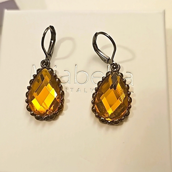 Vintage Joan Rivers Champagne Faceted Teardrop Cabochon Leverback Earrings - Picture 2 of 5